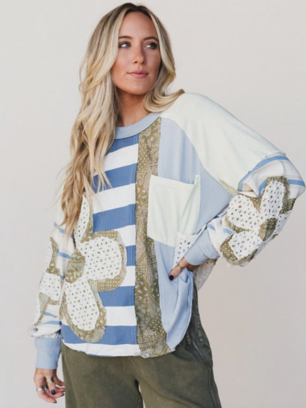 Oli & Hali Daisy Darling Patchwork Top Boho Oversized Slouchy Mixed Print Sz S